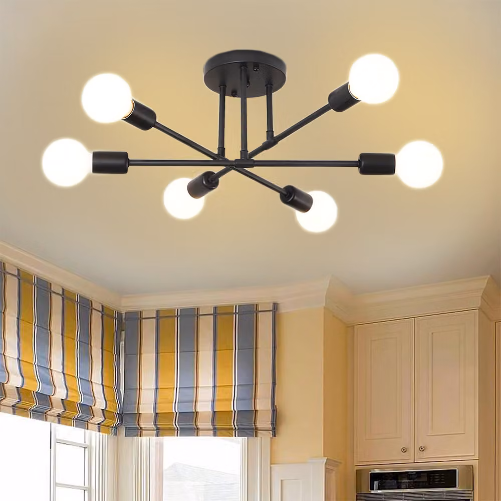Lampadario moderno nero, lampada da soggiorno a 6 fiamme, lampada da soffitto industriale per ufficio, bar, camera da letto, cucina, sala da pranzo, corridoio