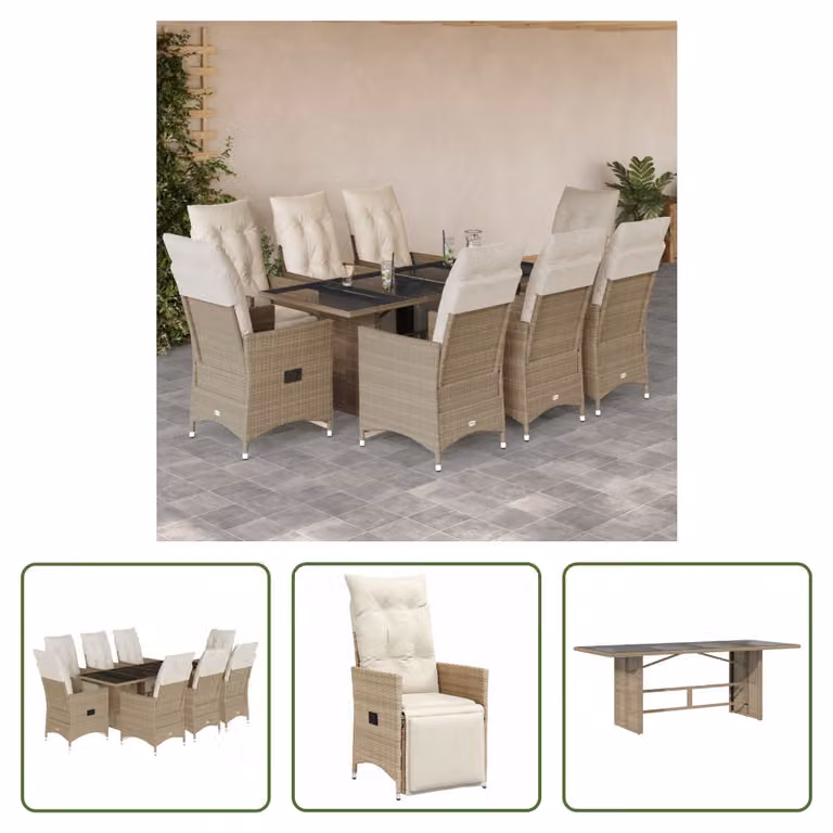 The Living Store Set bistrot da giardino 9 pezzi con cuscini Beige in poly rattan