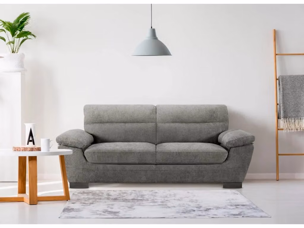 Divano moderno a 3 posti Dallas in tessuto grigio con struttura in legno e poggiatesta regolabile - L: 210 cm, P: 88 cm, H: 90 cm – 2