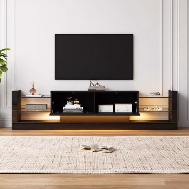 Mobile TV con illuminazione LED - Zephmum - 181 cm, vetro frontale, due cassetti pieghevoli