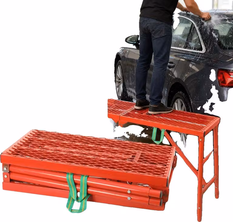 Scala a cavalletto pieghevole, con piattaforma di dimensioni 150x40 cm, altezza regolabile da 75 a 110 cm, capacità di carico di 350 kg, piano di lavoro in rete antiscivolo, design portatile
