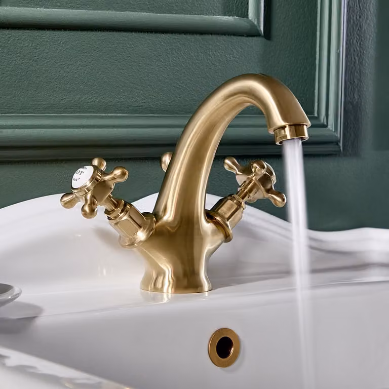 Rubinetto Miscelatore Lavabo Monoforo Tradizionale Maniglie a Croce Oro Satinato - Elizabeth