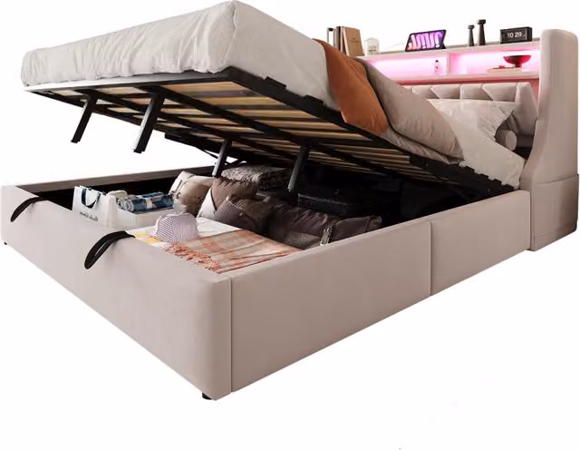 Letto contenitore matrimoniale beige con testiera ribaltabile, illuminazione LED e porte USB e Type-C, L/P/H: 180 x 200 x 114 cm