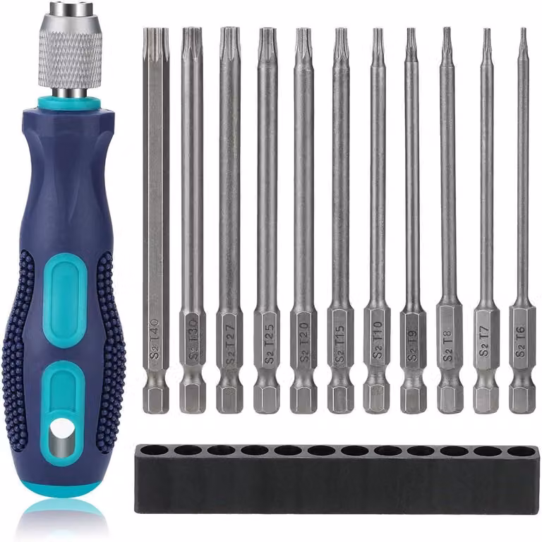 Set di punte a Esagono Torx, 13 pezzi, 1/4", 100 mm, con foro, acciaio S2, da T6 a T40, per avvitatori a batteria