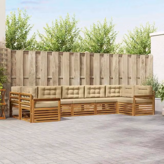 Set di divani da esterno a L vidaXL in legno di acacia con cuscini, Beige e Marrone
