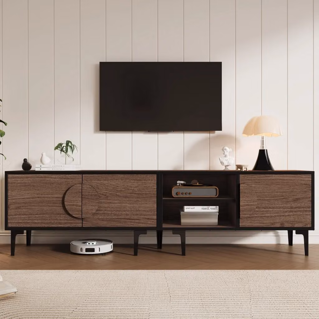 Mobile porta TV OKWISH per soggiorno con 3 ante e 2 vani aperti, finitura nero e noce scuro, L: 180 cm, P: 35 cm, H: 49 cm – 2