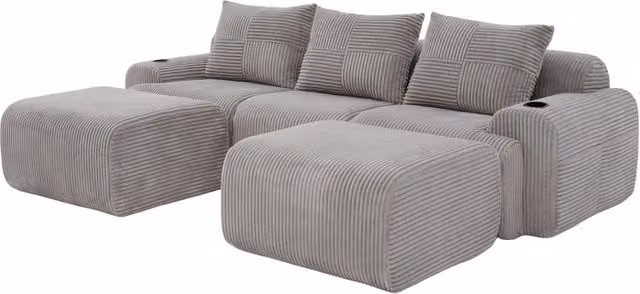 Divano modulare 3 posti 268x174x80 cm in tessuto a coste con portabicchieri; grigio chiaro