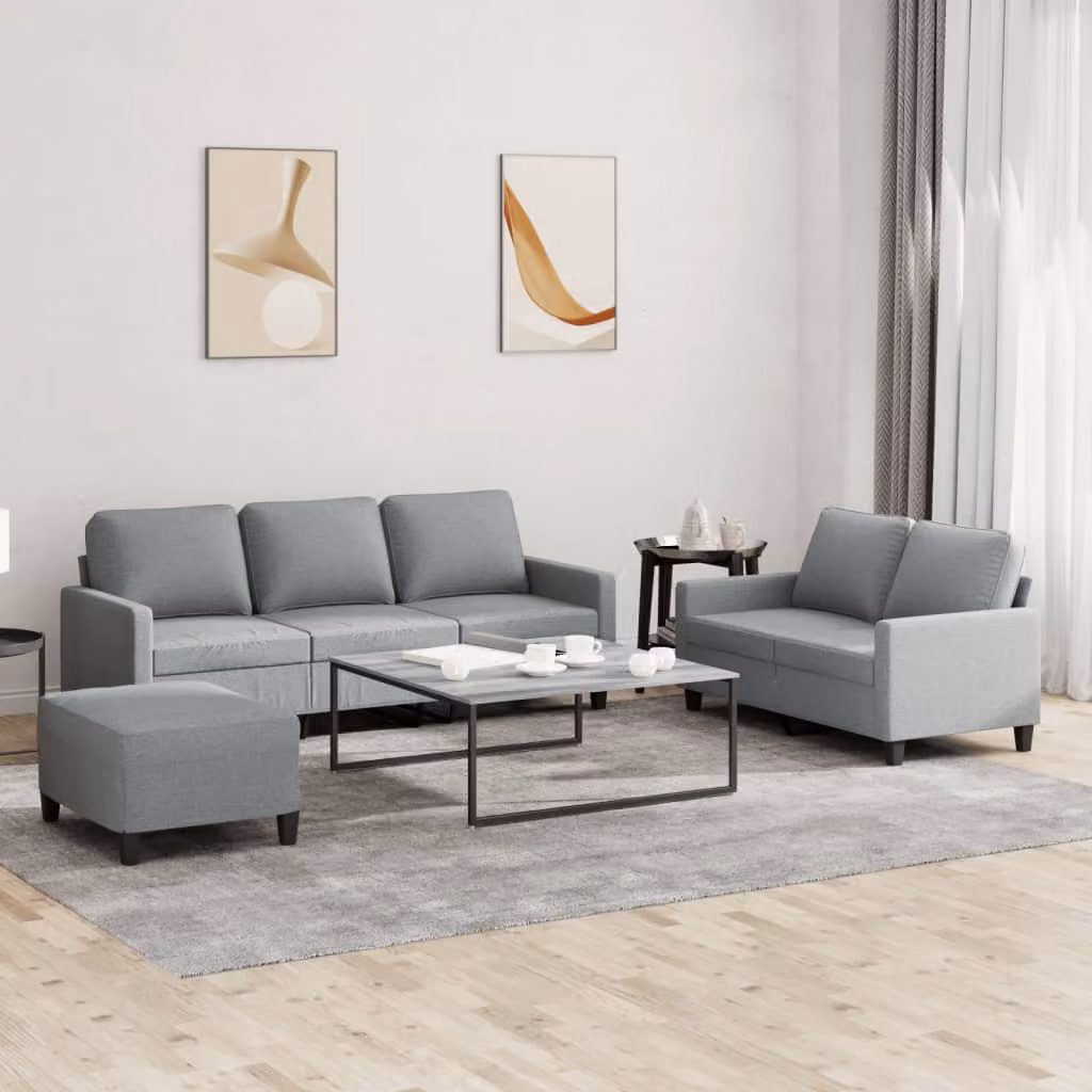 Set di divani vidaXL da 3 pezzi con pouf e cuscini, moderno in tessuto grigio per il tuo soggiorno – 1