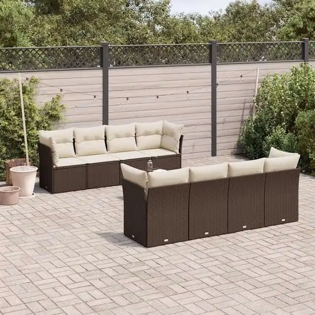 Set Divani da Giardino 9pz con Cuscini Marrone in Polyrattan 3249152