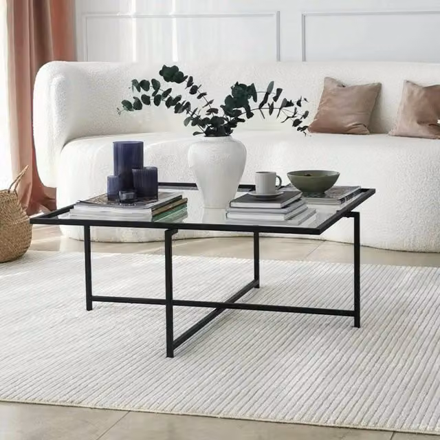 Mascate Tavolino da Salotto Moderno in Vetro e Metallo Nero e Trasparente L/P/H: 85 x 85 x 35 cm – 1