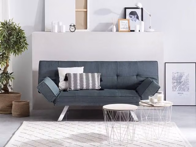 Divano Letto Click Clack Moderno Beliani Blu con Poggiatesta Regolabile e Imbottitura in Tessuto