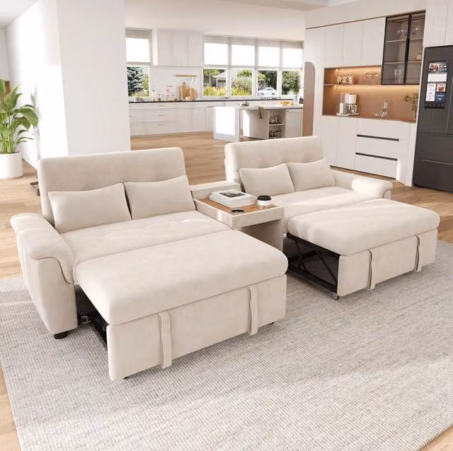 Divano letto a U ULEVR 284x138 cm con 2 moduli estraibili, schienale regolabile e spazio per animali, beige
