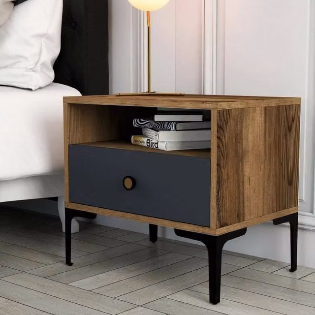 Comodino Editta DMORA, Comò basso e Tavolino da notte in Noce e Antracite, L: 56 cm, H: 51 cm, P: 40 cm – 1
