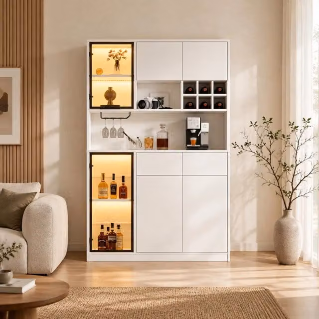 Vetrina con LED 6 ante 2 cassetti e vani aperti per soggiorno e sala da pranzo in truciolare bianco 120 × 33 × 200 cm