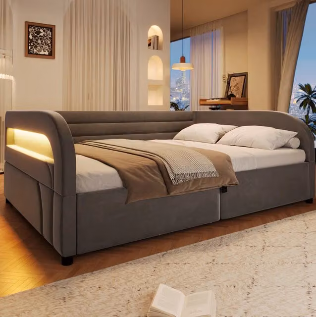 Letto imbottito 140x200 cm grigio con contenitore idraulico e LED RGB