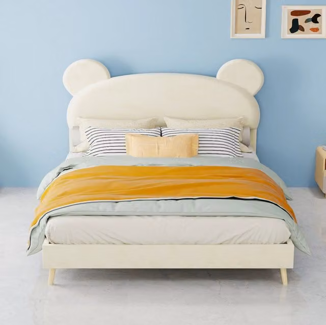 Letto per bambini imbottito 140x200 cm con testiera in tessuto beige e materasso a molle insacchettate
