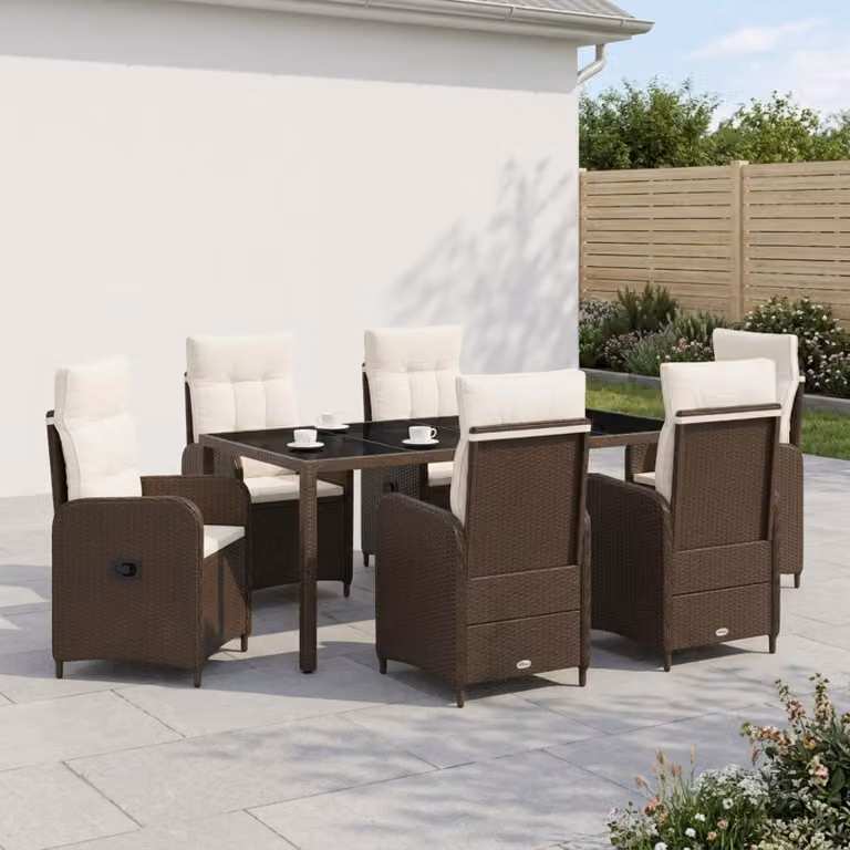 Set da pranzo per esterni vidaXL in polyrattan con tavolo in vetro, 7 pezzi, Marrone e Bianco Crema