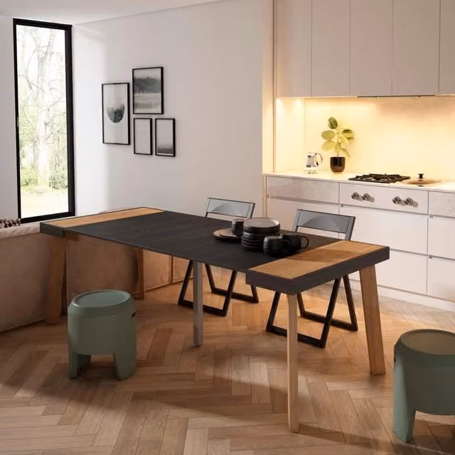 Consolle allungabile, 222x90x73cm, Per 10 persone, Gambe in legno, colore Rovere e nero RF3062