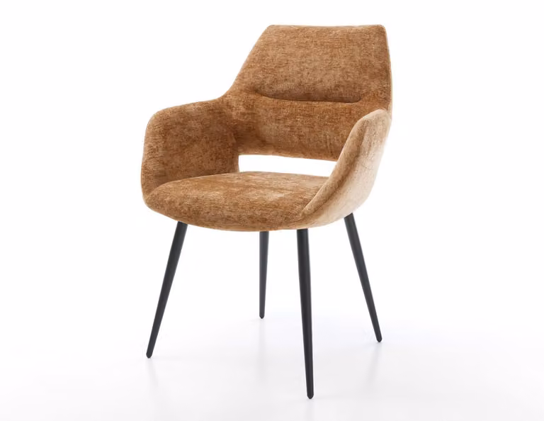 Sedia da pranzo DELIFE modello Yago-Flex con braccioli, rivestita in tessuto chenille color ruggine, base a 4 gambe coniche nere e imbottitura in molle insacchettate