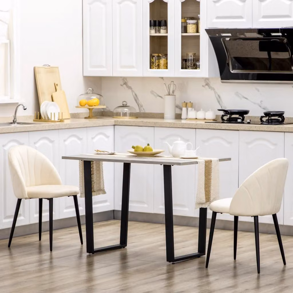 Set di 2 sedie da salotto e sala da pranzo EasyComfort, imbottite in tessuto effetto velluto beige con struttura in metallo, L: 52 cm, P: 54 cm, H: 79 cm – 2