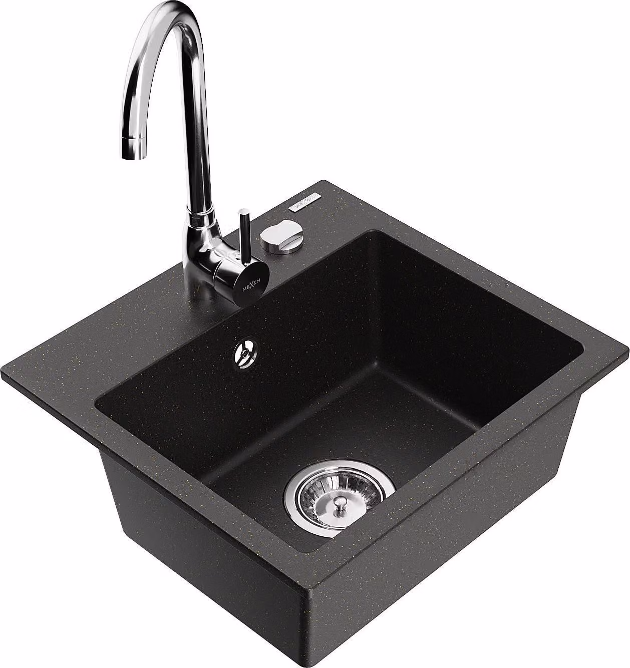 Mexen Milo lavello da cucina in granito a 1 vasca con rubinetto Telma, nero/oro - 6505-75-670200-00