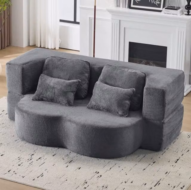 Divano letto da pavimento pieghevole blu e grigio con 4 cuscini