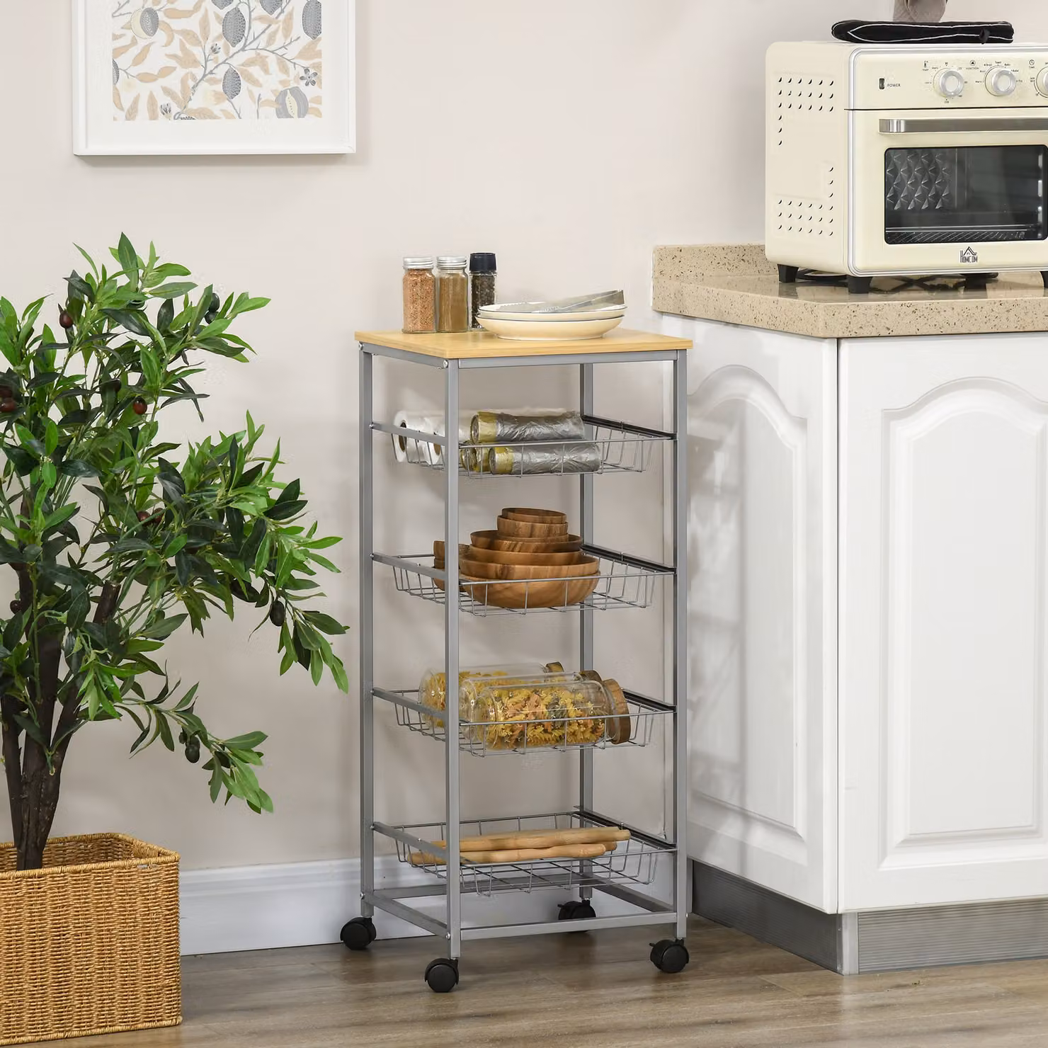 Carrello da cucina Homcom con cesti estraibili in metallo e ruote, marrone e argento, L/P/H: 36.5 x 36.5 x 89 cm – 2
