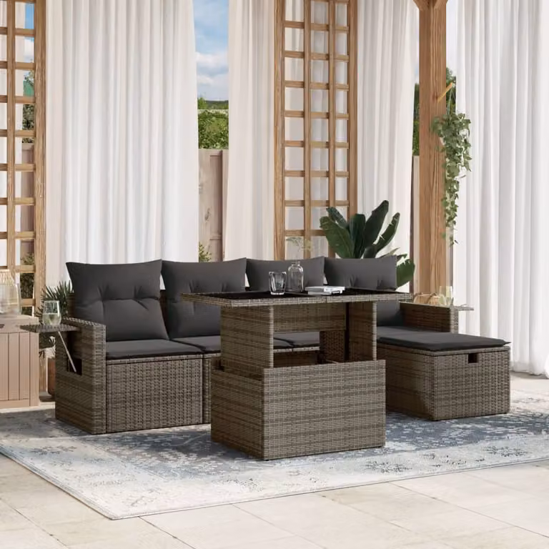 vidaXL Set Divano da Giardino a L in Polyrattan Grigio con 6 Pezzi e Cuscini Imbottiti