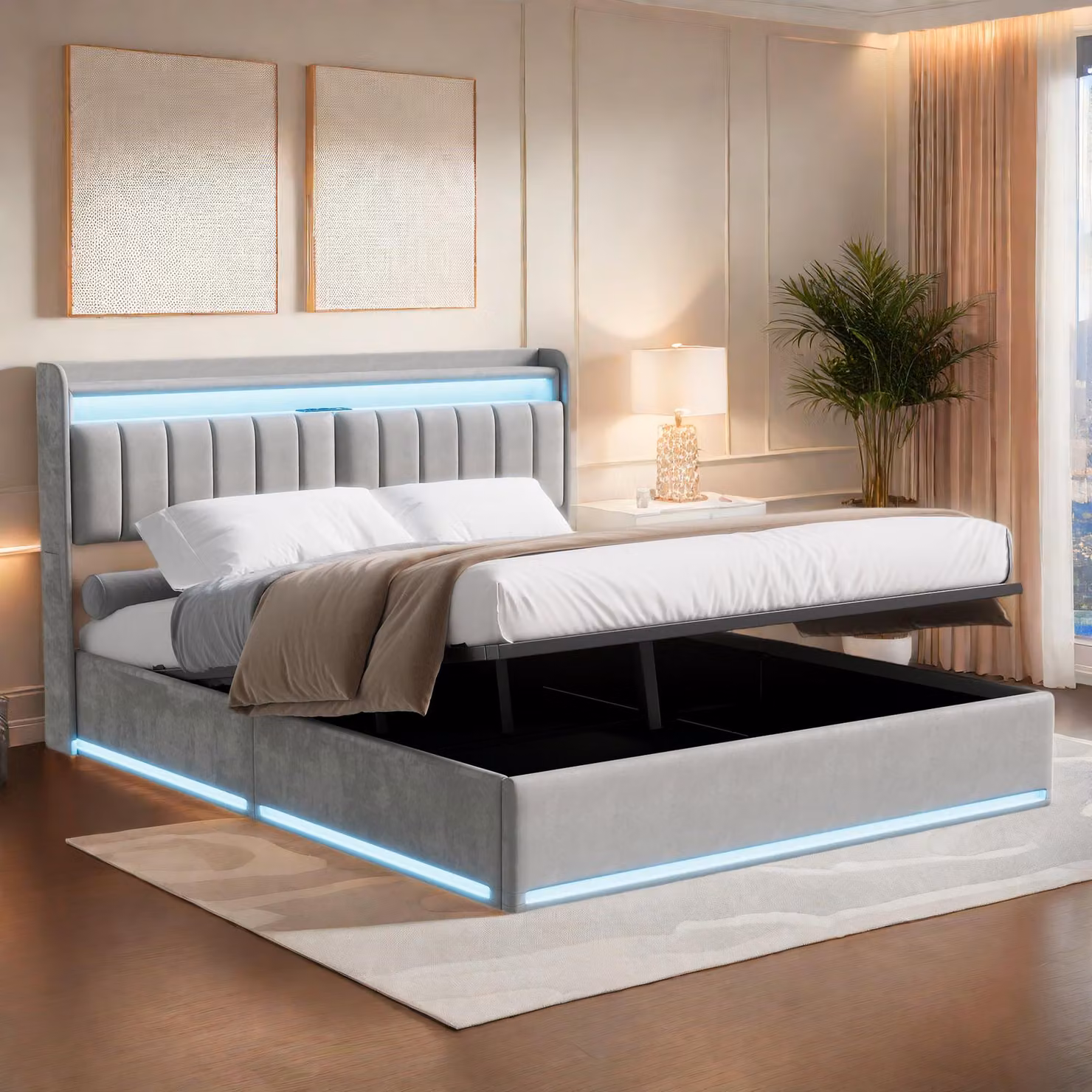 ProximaX Il letto 160x200 cm rivestito in velluto grigio è dotato di luci LED sulla testiera e sul giroletto, molle a gas incorporate, spazio per riporre oggetti sotto il letto e spazio per riporre oggetti nella testiera: un letto contenitore moderno.