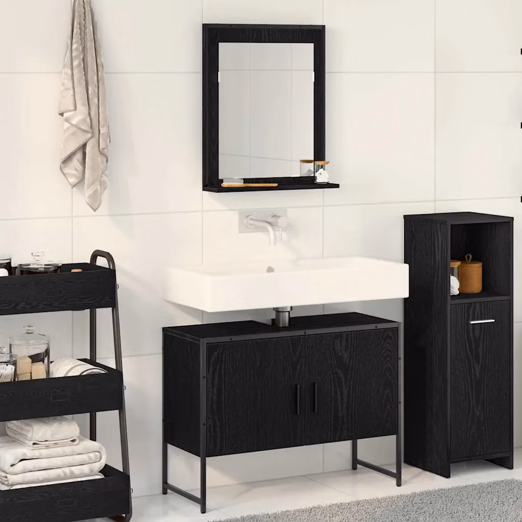 Set di mobili per il bagno vidaXL composto da mobile sottolavabo e armadietto con specchio, colore nero, design moderno a parete