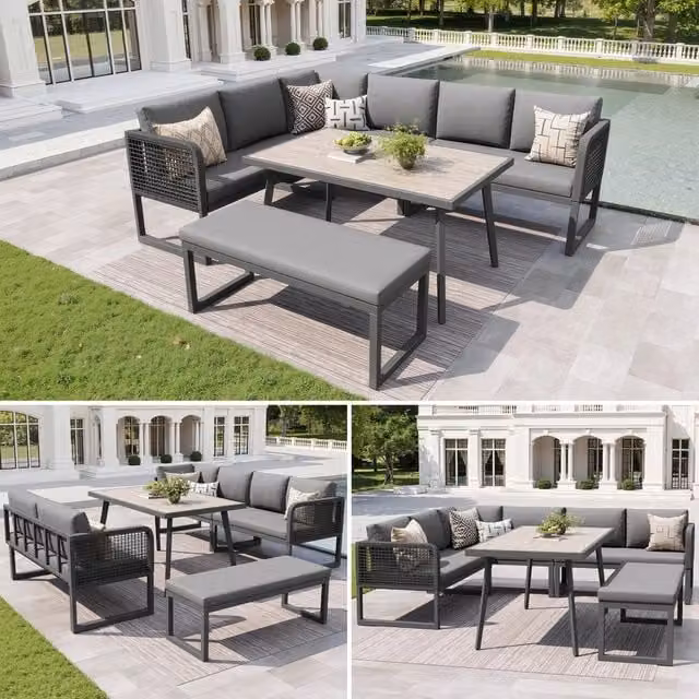 Set mobili da giardino in PE rattan intrecciato a mano per 6-8 persone, divano da terrazza resistente alle intemperie grigio con cuscini seduta e schienale di alta qualità