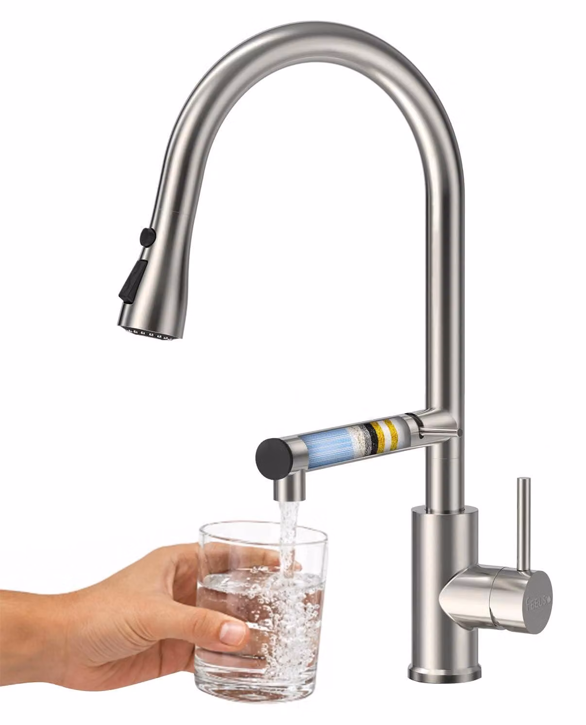 Miscelatore da cucina estraibile con filtro, 2-in-1, finitura spazzolata, tubo da 70 cm