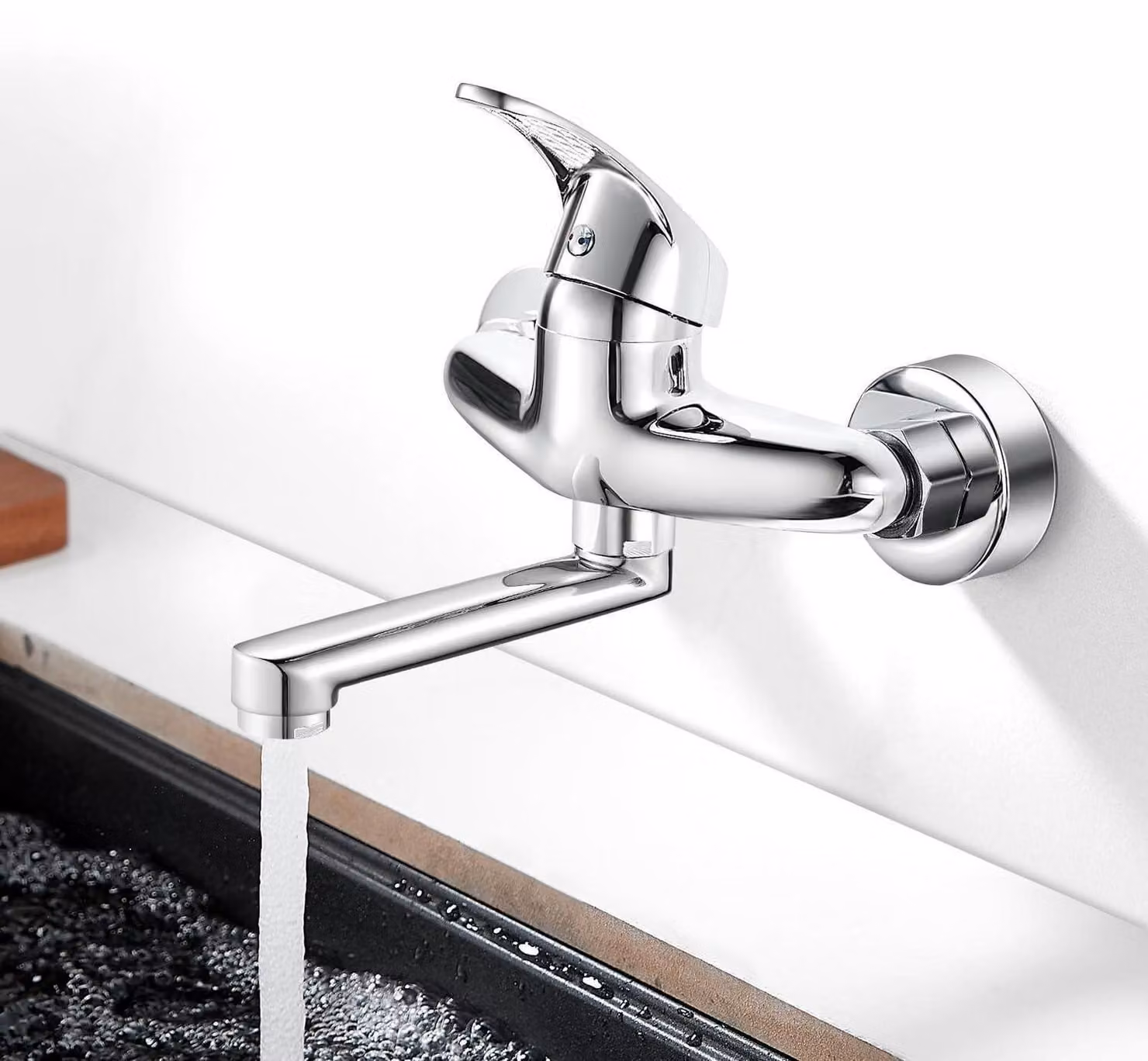 Miscelatore da cucina, montaggio a parete, rotazione a 360°, braccio girevole da 150 mm, ottone cromato, distanza tra i fori regolabile da 135 a 165 mm