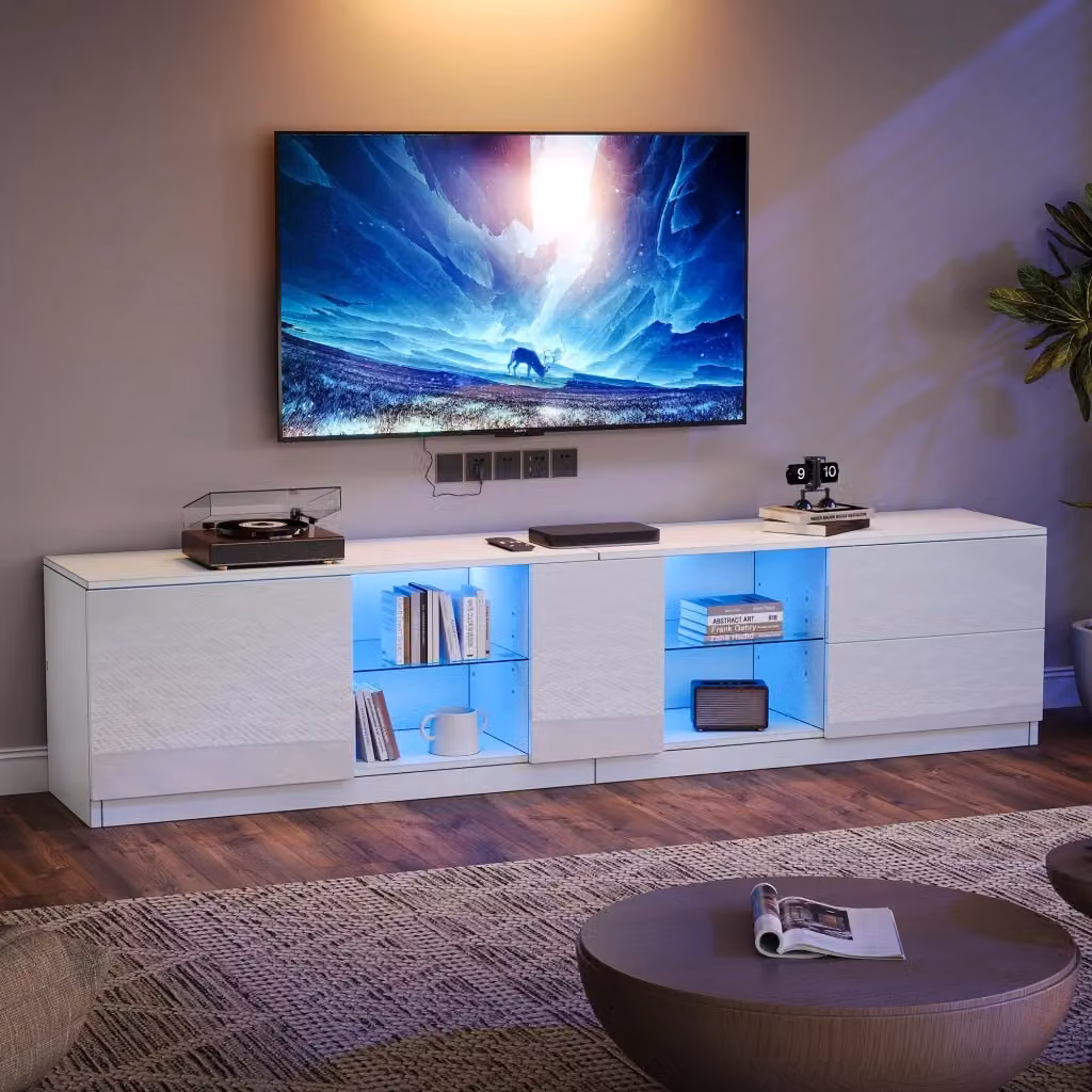 Mobile TV Zephmum moderno in finitura lucida bianca con illuminazione LED integrata per TV fino a 65 pollici, L: 160 cm, P: 40 cm, H: 52 cm – 2
