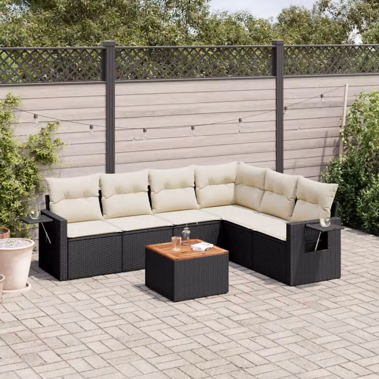 Set di divani da giardino a L vidaXL in polyrattan nero con 7 pezzi e cuscini inclusi