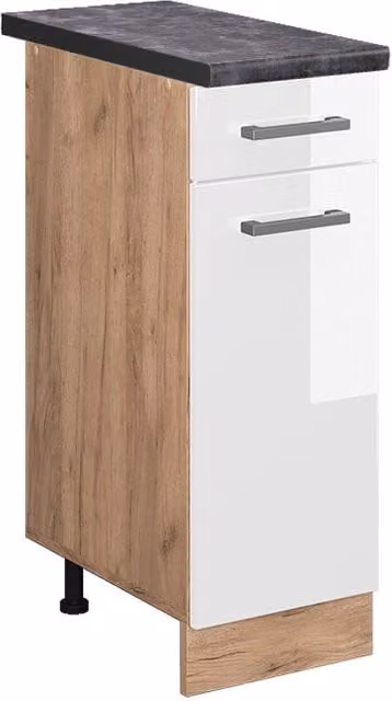 Mobiletto base per cucina Vicco R-Line Bianco lucido e Rovere dorato con PL Antracite, Larghezza: 30 cm – 1