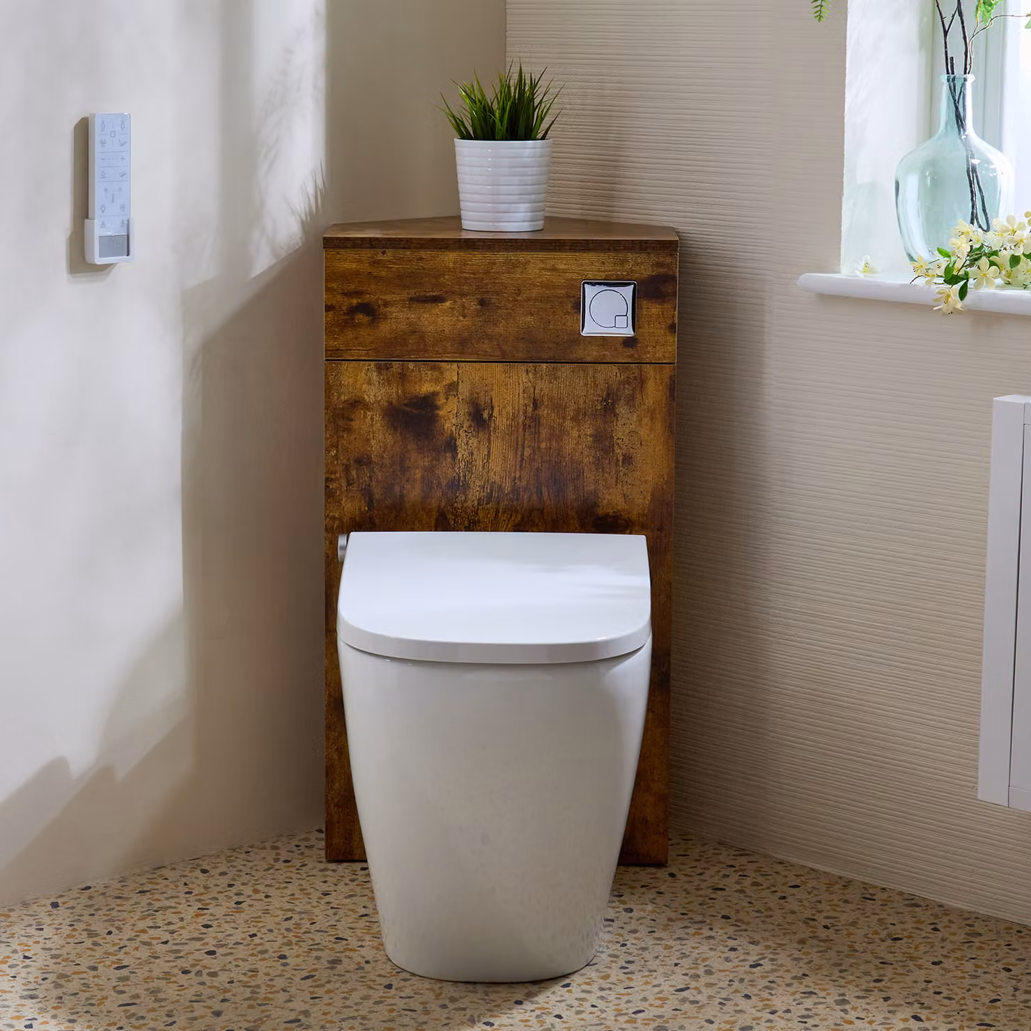Mobile WC angolare Rovere Scuro con smart toilet Hirayu, sanitario + bidet integrato, pulsante cromato - Cluo