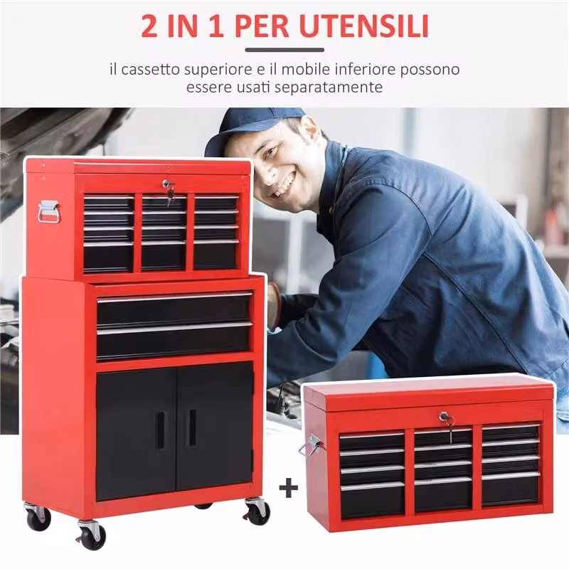 Carrello porta attrezzi 2 in 1 in metallo con cassetta superiore, armadietto inferiore e ruote, rosso, L: 61.6 cm, P: 33 cm, H: 108 cm – 2