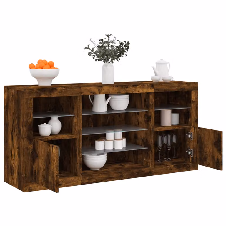 Credenza moderna vidaXL con luci LED in rovere fumo, L: 142,5 cm, P: 37 cm, H: 67 cm