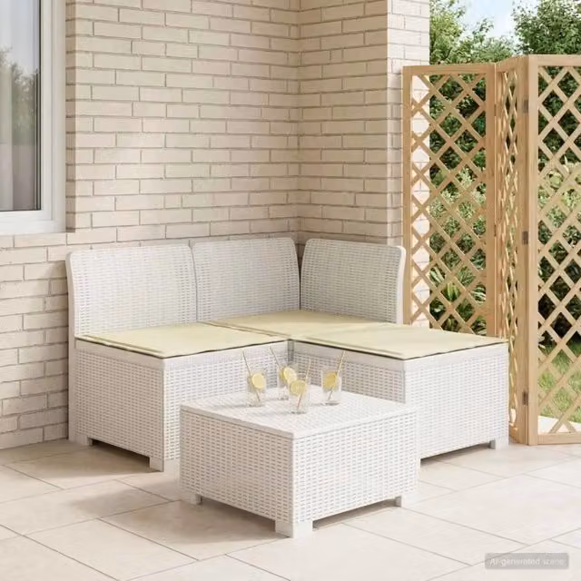 Divano da esterno a L con cuscini bianco e beige in look rattan e tessuto resistente ai raggi UV per giardino e balcone