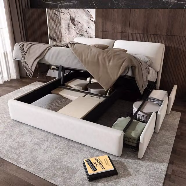 Letto imbottito contenitore ¨C Minimal ¨C Beige velluto 160x200 cm con cassetti rete a doghe testiera idraulico senza materasso
