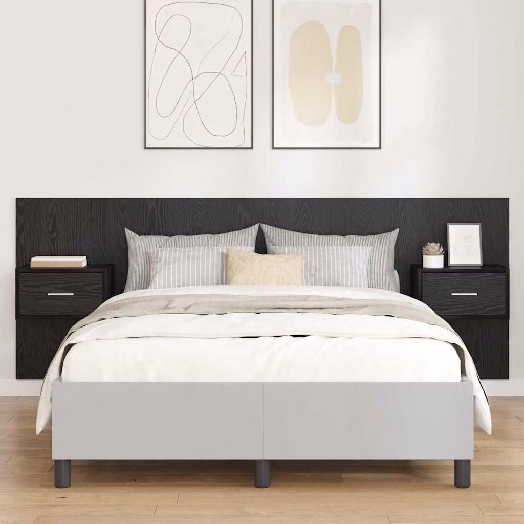 Set di 3 pezzi Testata con Comodini Integrati vidaXL in Legno Ingegnerizzato Nero Opaco L: 217,0 cm, H: 80,0 cm, P: 29,28 cm