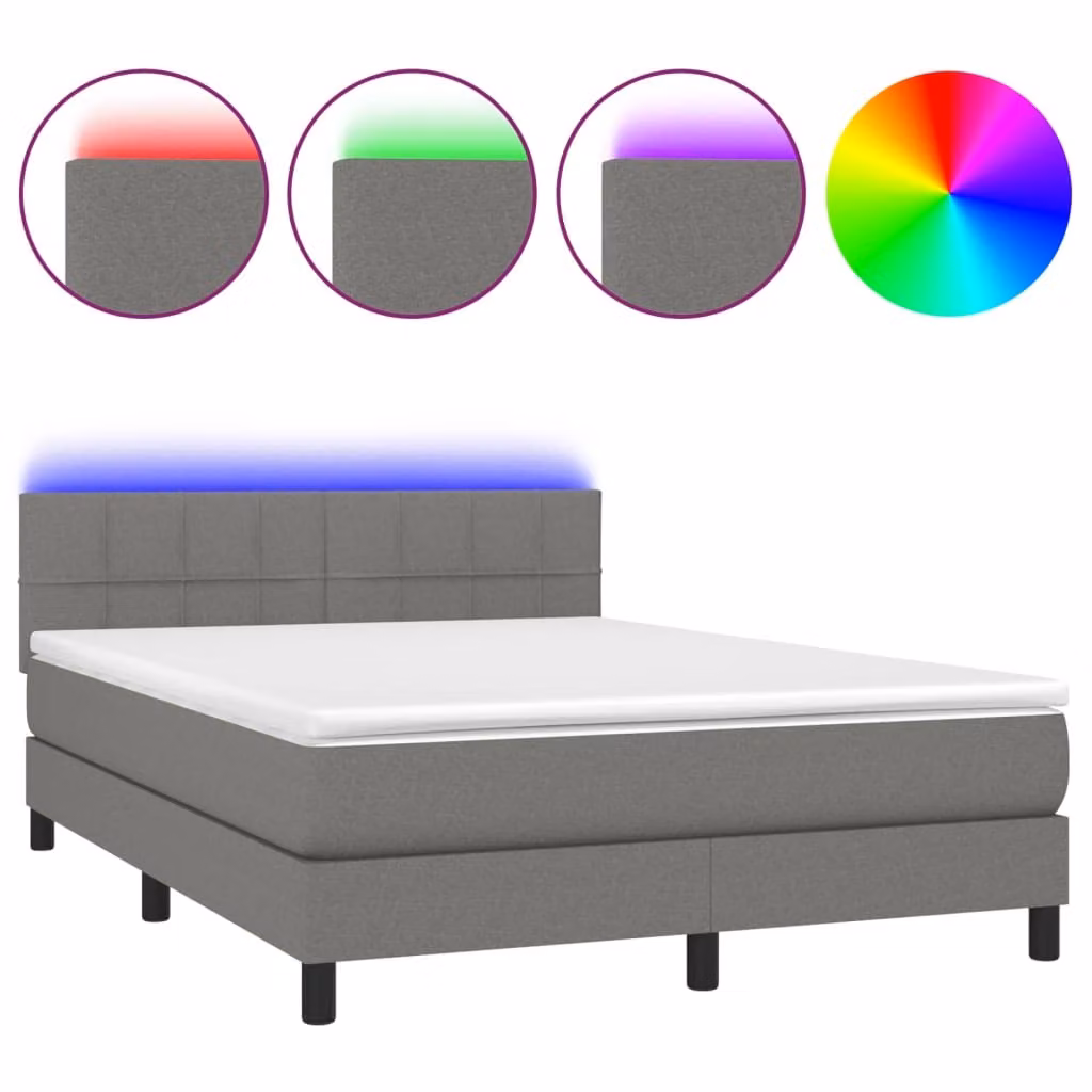 Letto a Molle Materasso e LED Grigio Scuro 140x200cm in Tessuto