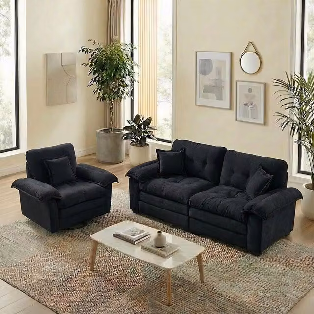 Set di divani in cheniglia 2 pezzi - Xylo - Divano singolo + chaise longue con imbottitura doppia e cuscini decorativi