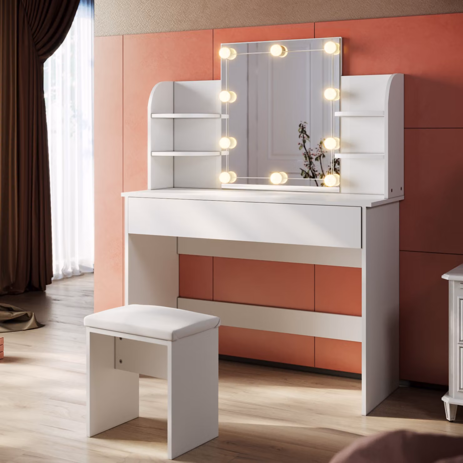 SONNI tavolo da toeletta bianco largo 108 cm con specchio, sgabello e luce a led per specchio