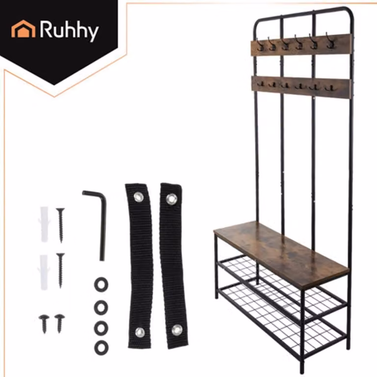 Appendiabiti da ingresso con panchina e ripiani per scarpe, 182 x 100 x 35,5 cm, colore nero