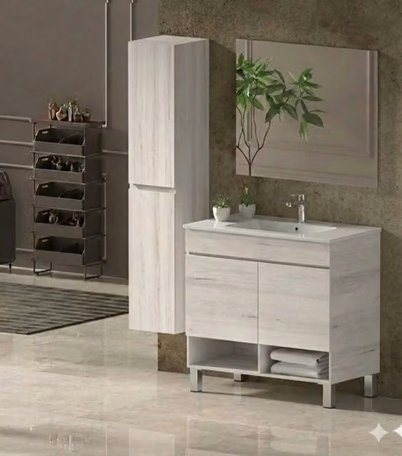 Mobile Bagno NEBARI com gambe Già Montato 2 portas, lavabo e specchio Bianco nordico 80x45 cm con colonna