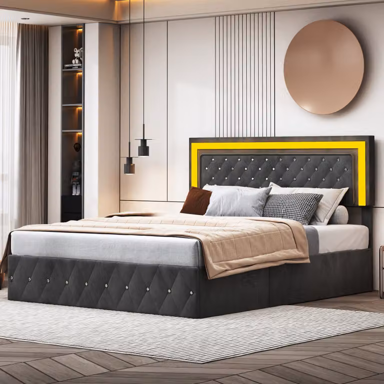 Letto matrimoniale imbottito 160 x 200 cm con testata a LED e motivo a rombi, con contenitore, nero