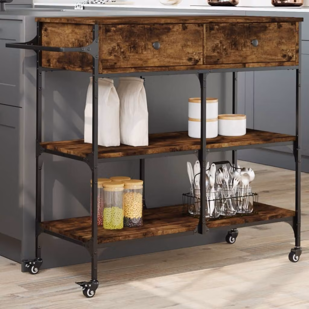vidaXL Carrello da Cucina in Stile Industrial con Rovere Fumo e Metallo, L/P/H: 105 x 42 x 95 cm