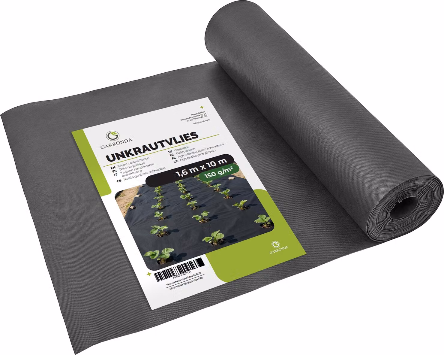 Tessuto non tessuto Garronda per controllo delle erbacce, 150 g/m², colore nero, dimensioni 1,6 m x 10 m, permeabile all'acqua, resistente ai raggi UV, ideale per rivestire il terreno su vialetti e superfici in pietra. Codice prodotto: GD-0177